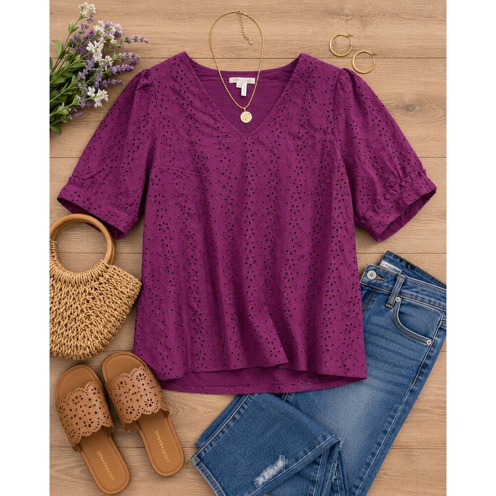 Draper James Purple Eyelet Puff Sleeve Blouse Cottagecore Romantic Top Medium